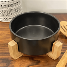Ceramic Salad Bowl With Bamboo Wood Stand - Black
