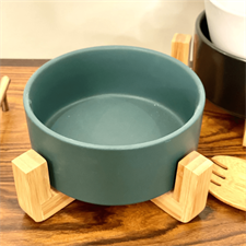 Ceramic Salad Bowl With Bamboo Wood Stand - Green